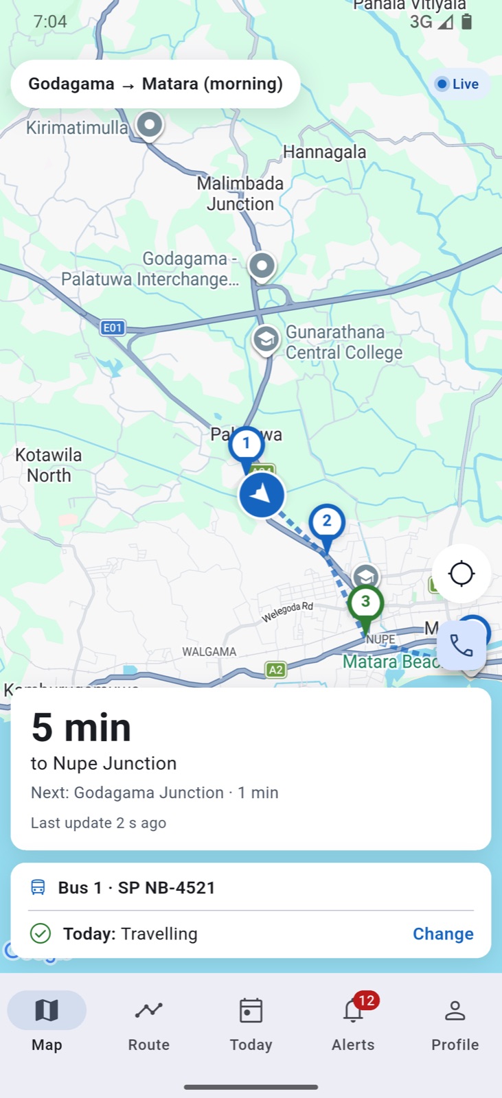 The passenger app: the bus on the map, '8 min to Nupe Junction' and 'Next: Pamburana · 1 min'.