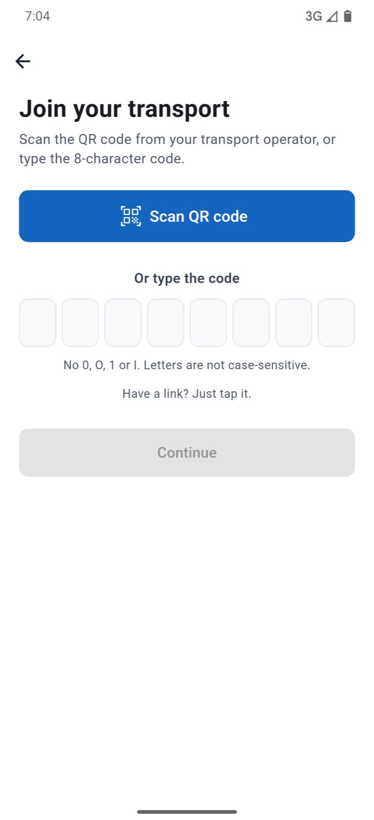 The app's join screen with a large Scan QR code button and eight boxes to type the code.