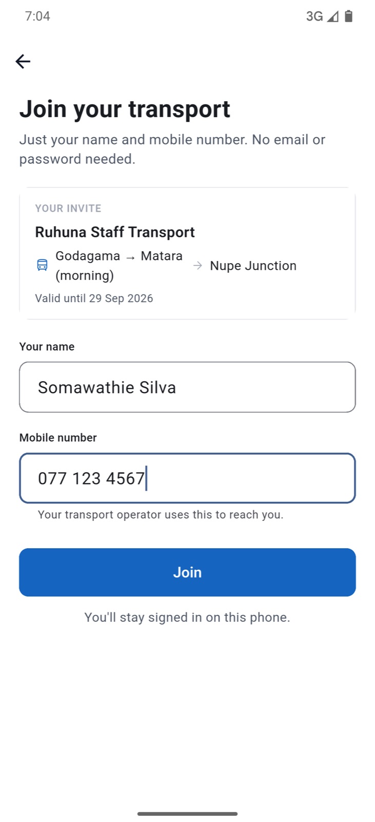 The join form asking only for your name and mobile number, with a Join button.