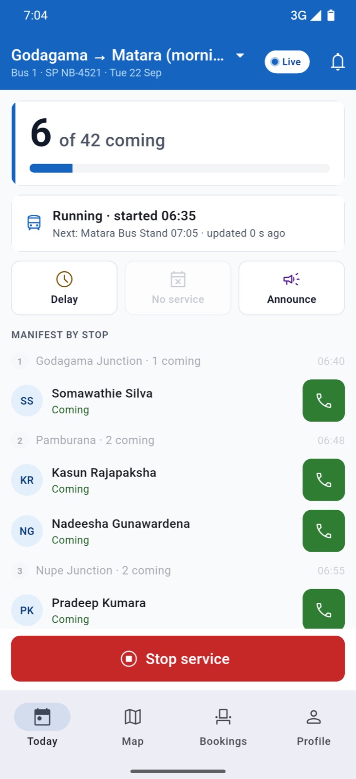 The driver app's Today screen: the headcount for the run and who is coming at each stop.