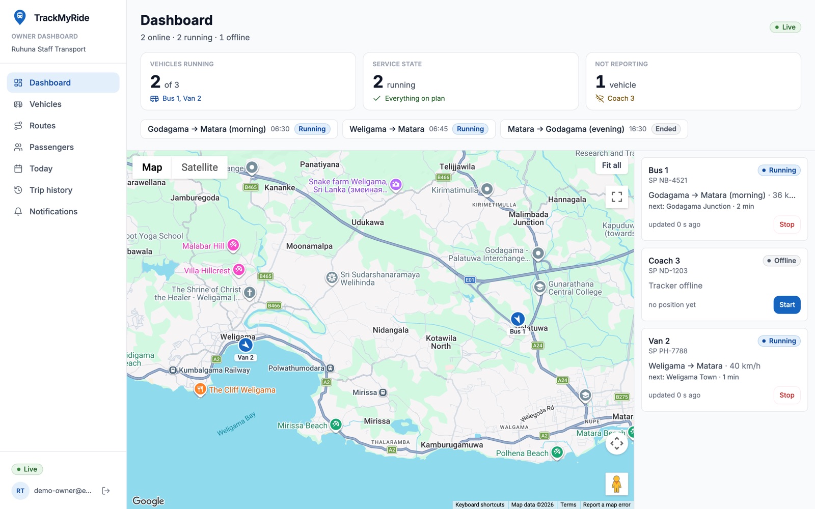 The owner dashboard: a live map with Bus 1 and Van 2 on their routes around Matara, and a card for each vehicle with its next stop.