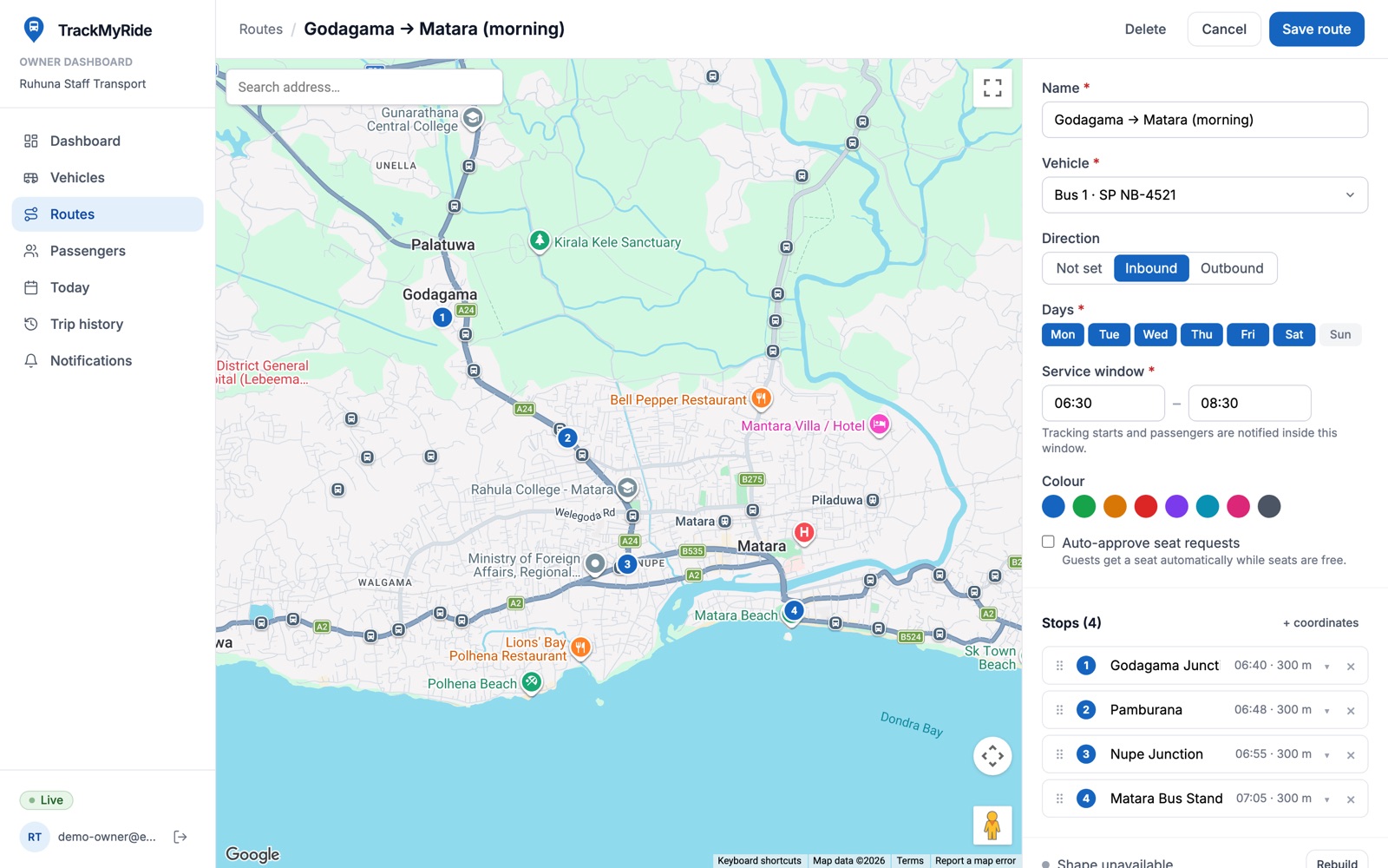 The route editor: four stops from Godagama Junction to Matara Bus Stand on the map, each with its time.