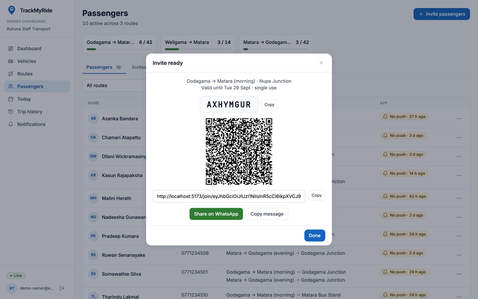 An invite ready to share: an 8-character code, a QR code, a link and a Share on WhatsApp button.