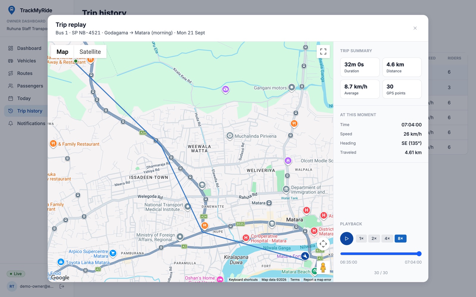 Trip replay of Bus 1's morning run: 32 minutes, 4.6 km, with the path on the map and a playback control.